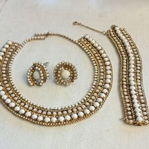 Gold and White Beaded Statement Necklace Set, Maybe Milk Glass? Hobe? Vintage!